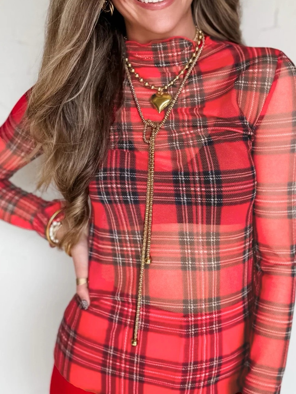 Sheer Plaid Mock Neck Long Sleeve Blouse